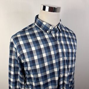 Tommy John Large Untucked Shirt Blue White Plaid Button Down Nylon Blend